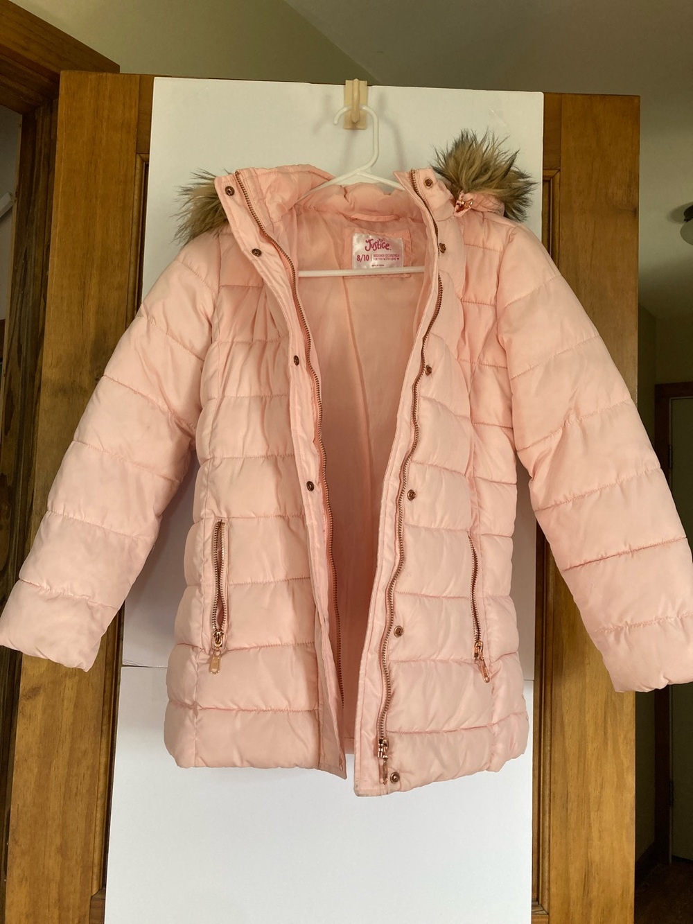 Justice Light Pink Quilted Puffer Jacket with Faux Fur Hood Trim